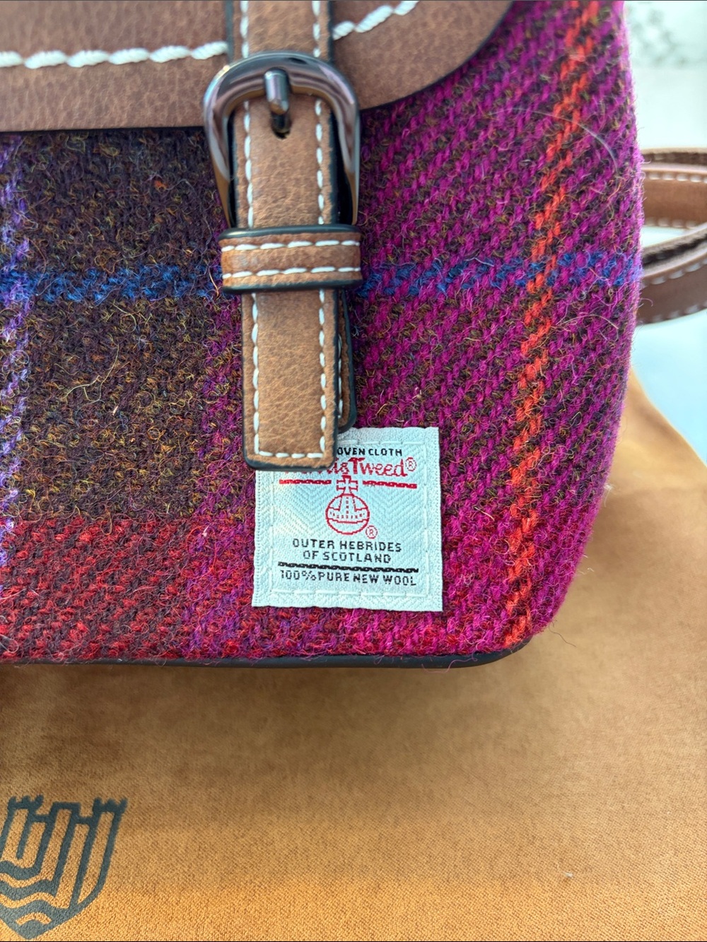 Islander Harrison Tweed Mini Jura Backpack. Brown Leather and Magenta Plaid. - Picture 3 of 10